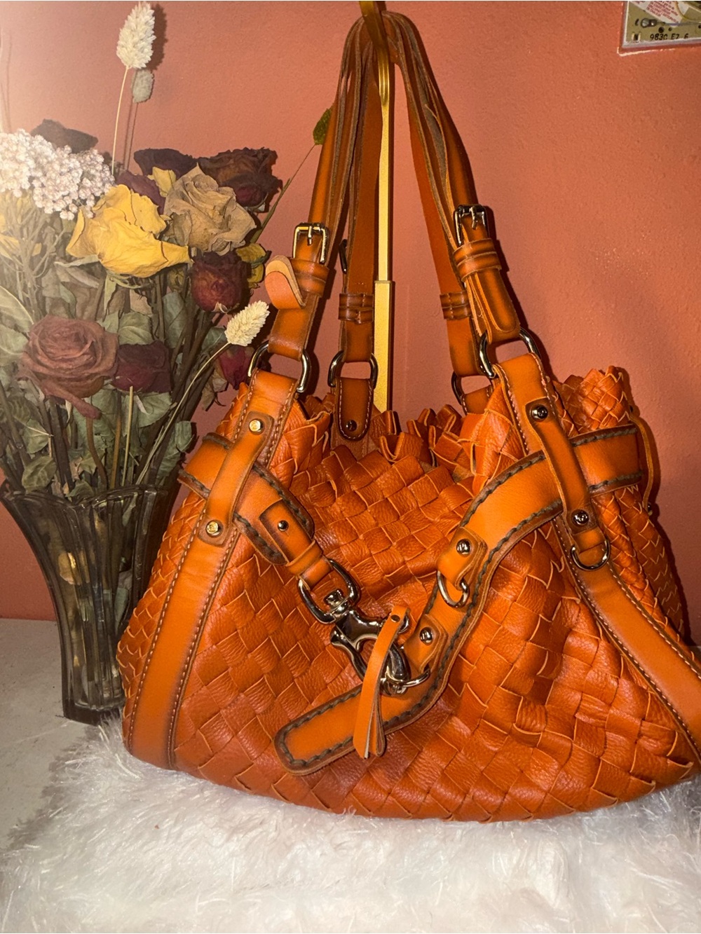 Vintage Francesco Biasia Orange woven leather hobo